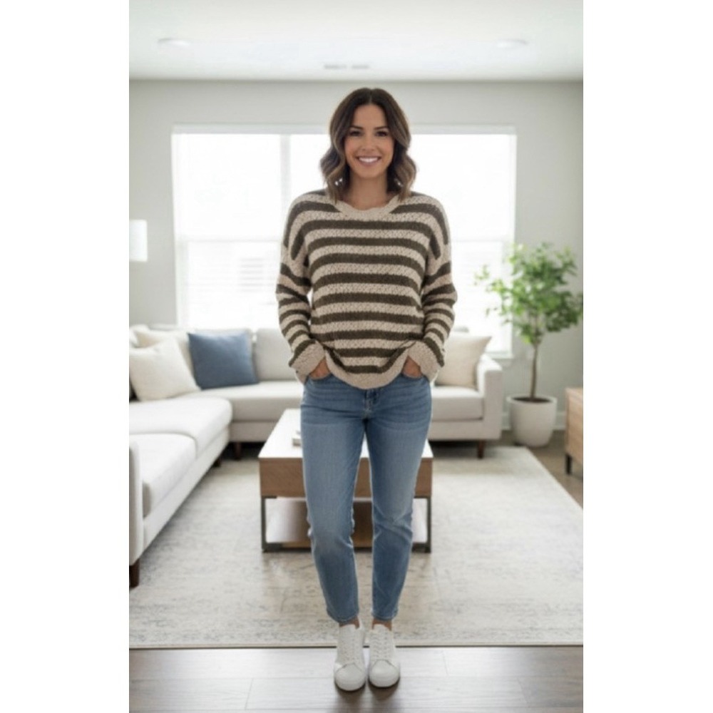 Laurel Grey Striped Knit Sweater Medium Olive Cream Lightweight
